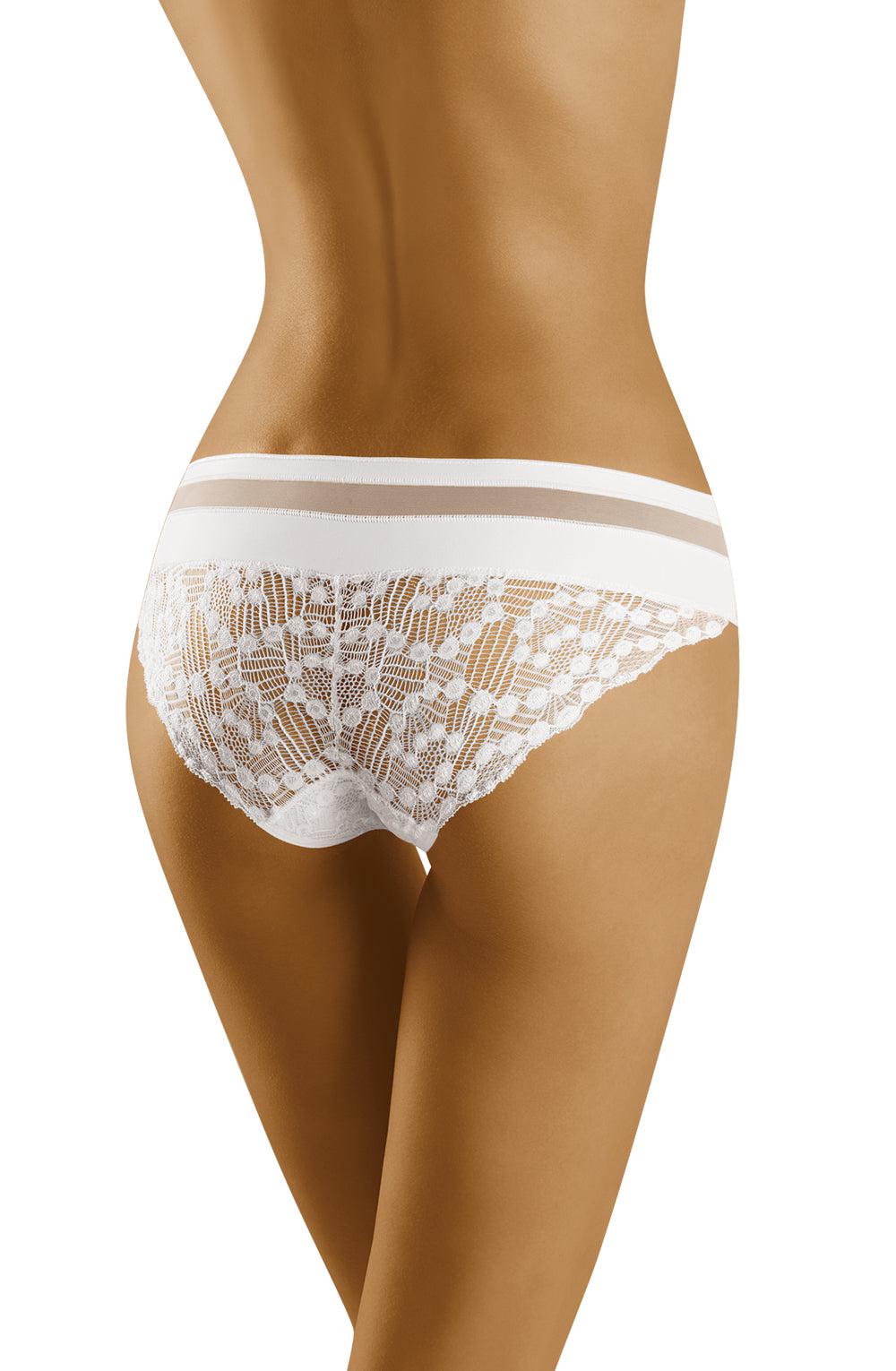 A person is shown from the back wearing white lace underwear with an elastic waistband featuring dual stripes. The person's tan skin and slim waist highlight the fit of the elegant Wolbar Leda White Brief. The background is completely white, enhancing the focus on this exquisite lingerie by Wolbar.