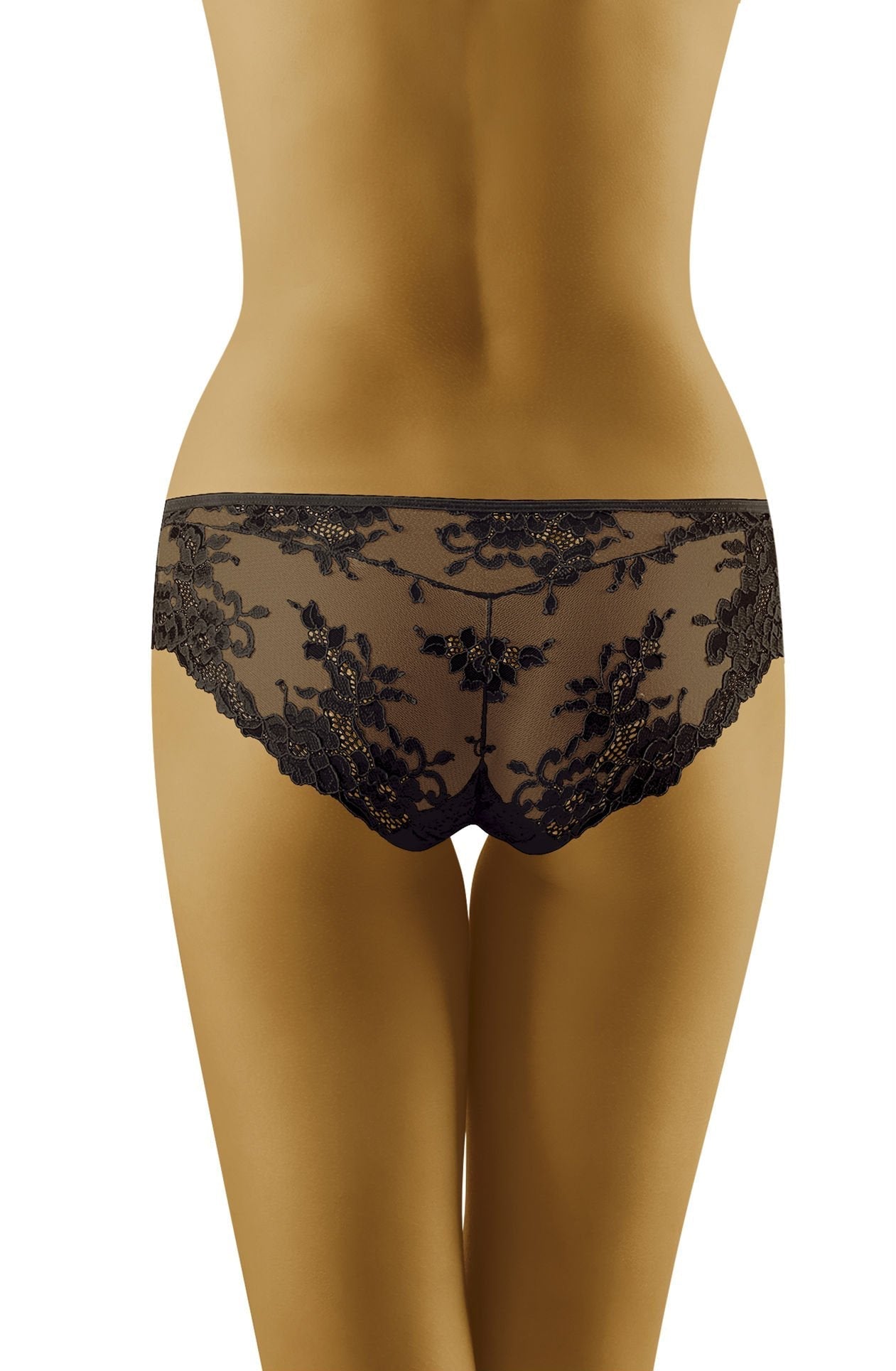 A person from the back wearing the Wolbar Lola Black Brief with intricate floral patterns. The image focuses on the lower back and hips, highlighting the exquisite lace trim and design of this stunning piece by Wolbar.