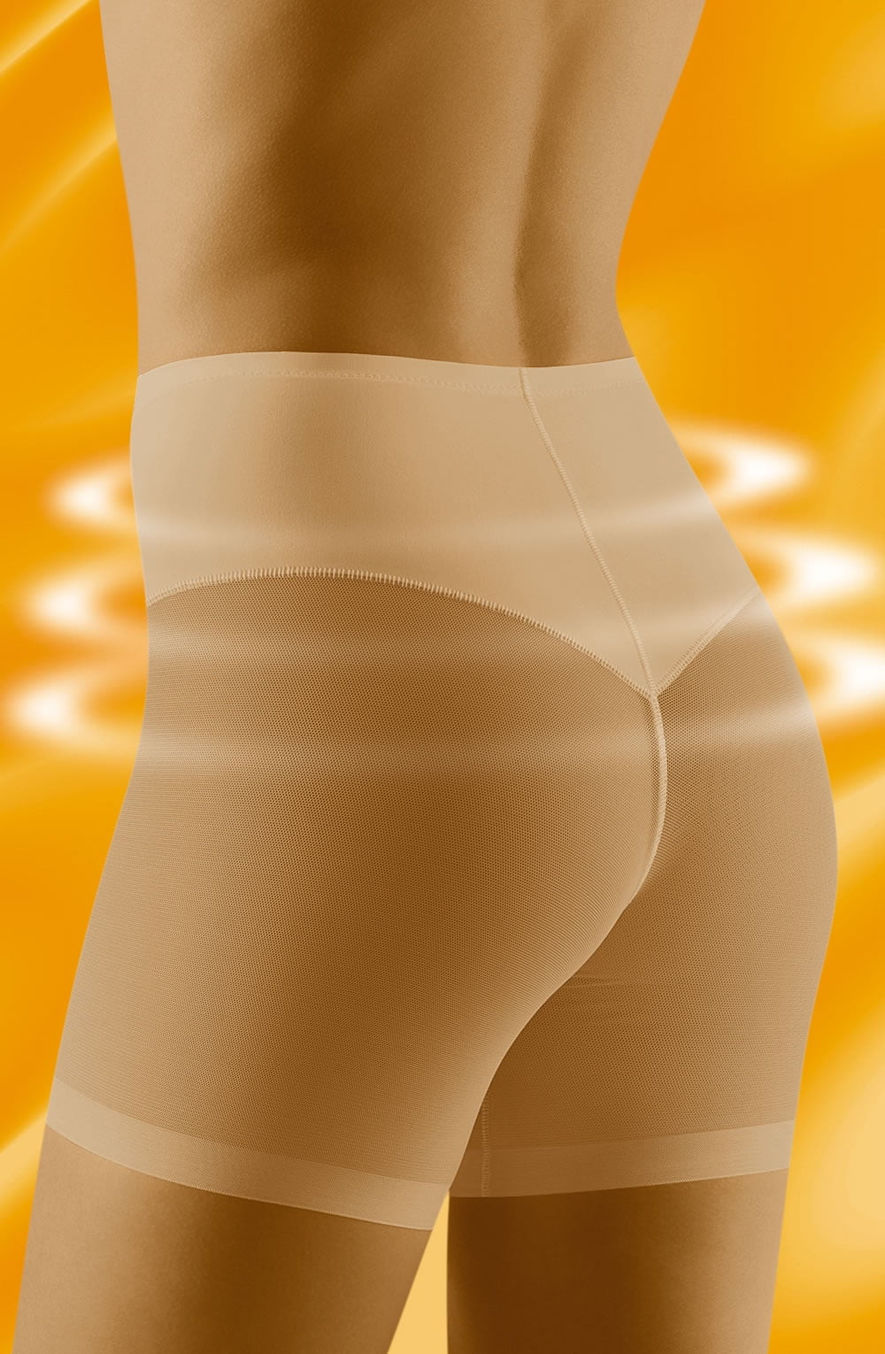 A person wearing Wolbar Relaxa Beige Slimming Briefs is shown from the back against an abstract orange background. The high-quality microfibre fabric clings tightly to their body, highlighting a seamless design focused on smooth lines and contours. Wavy lines surround the waist and thighs, indicating shaping effects that remain invisible under clothing.