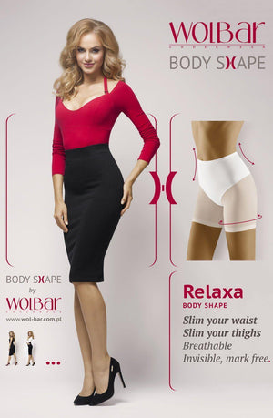 A woman with long blonde hair wearing a red top and a black pencil skirt is modeling the Wolbar Relaxa Beige Slimming Brief. The text highlights the product's features: it slims the waist, slims the thighs, is breathable, invisible under clothing, and crafted from high-quality microfibre.