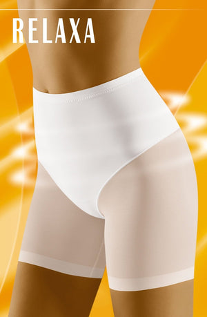 A person is shown wearing Wolbar Relaxa White Slimming Briefs, made of superior microfiber. The background features orange with abstract light streaks, while the word "RELAXA" is prominently displayed in the top-left corner to highlight this high-waisted shapewear from Wolbar.