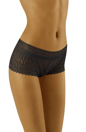 A close-up image of a person wearing Wolbar Riki Black Shorts by Wolbar. These alluring shorts feature detailed lace patterns and a wide waistband. The visible parts of the person's torso and upper thighs beautifully highlight the intricate lace design of the lingerie. The background is white and plain.