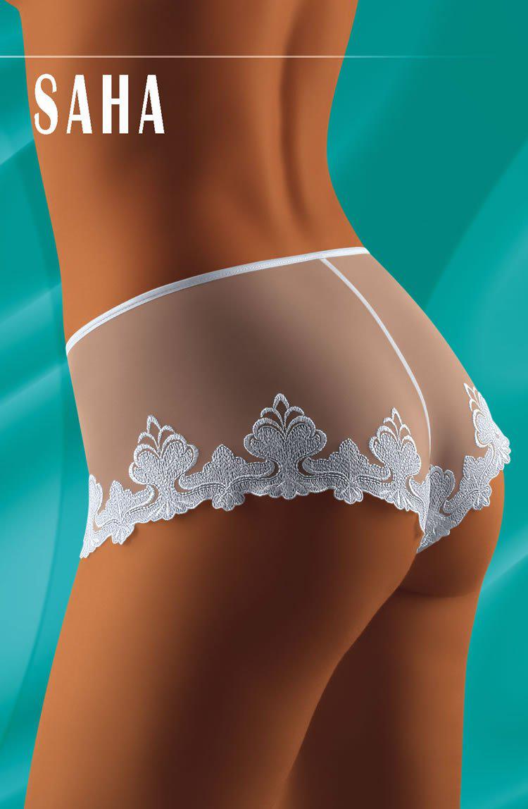 A model wearing sheer underwear with intricate black lace detailing stands against a turquoise background. The brand name "Wolbar" is prominently displayed in white text at the top left corner, enhancing the sophisticated look of the luxurious Wolbar Saha Black Shorts.