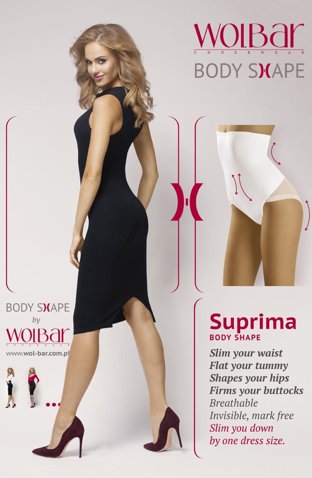 A woman in a form-fitting black dress and red high heels is showcasing the Wolbar Suprima White Shaping Brief. This white shapewear is expertly designed to slim the waist, flatten the tummy, shape the hips, and firm the buttocks. The text underscores its benefits while introducing it as part of the Wolbar brand lineup.