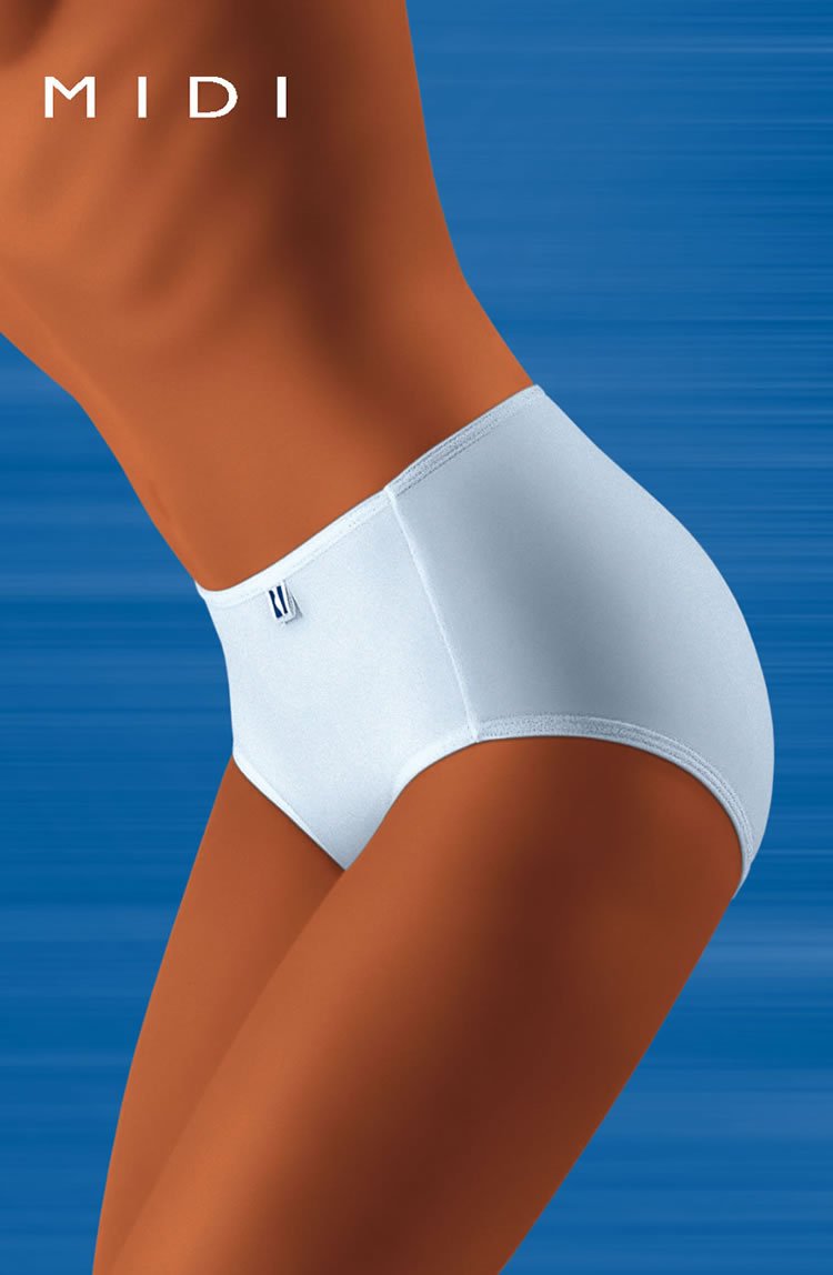 A person modeling a pair of white high-waisted underwear against a blue background. The word "Wolbar" is written in white at the top left corner of the image, emphasizing both comfort and style in this elegant Wolbar Tahoo Midi Brief design.