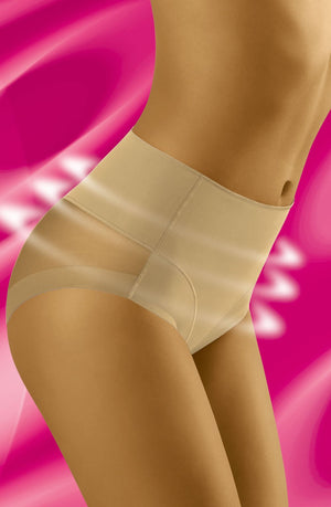 A person wearing Wolbar Uniqa Beige Brief is posed against a vibrant pink background with abstract white and lighter pink swirling designs. The image highlights the fit and style of these shape-enhancing undergarments from Wolbar, emphasizing a smooth and seamless appearance.