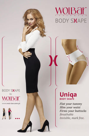 A woman with long, wavy hair wearing a fitted black skirt and white top poses confidently. The image showcases the Wolbar Uniqa Black Brief, premium shapewear designed to slim the tummy and waist, firm the buttocks, and be breathable and mark-free.