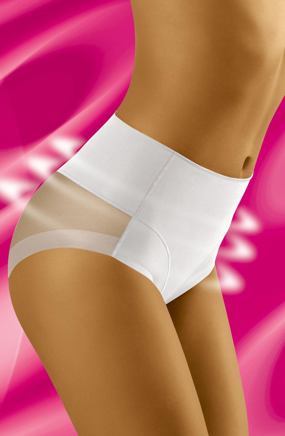 A woman is wearing a high-waisted Wolbar Uniqa White Brief that covers her midsection and hips. The background features a vibrant pink with abstract light patterns. This shapewear from Wolbar includes sheer, breathable mesh panels on the sides for a slimming waist effect. The woman's upper body is not shown.