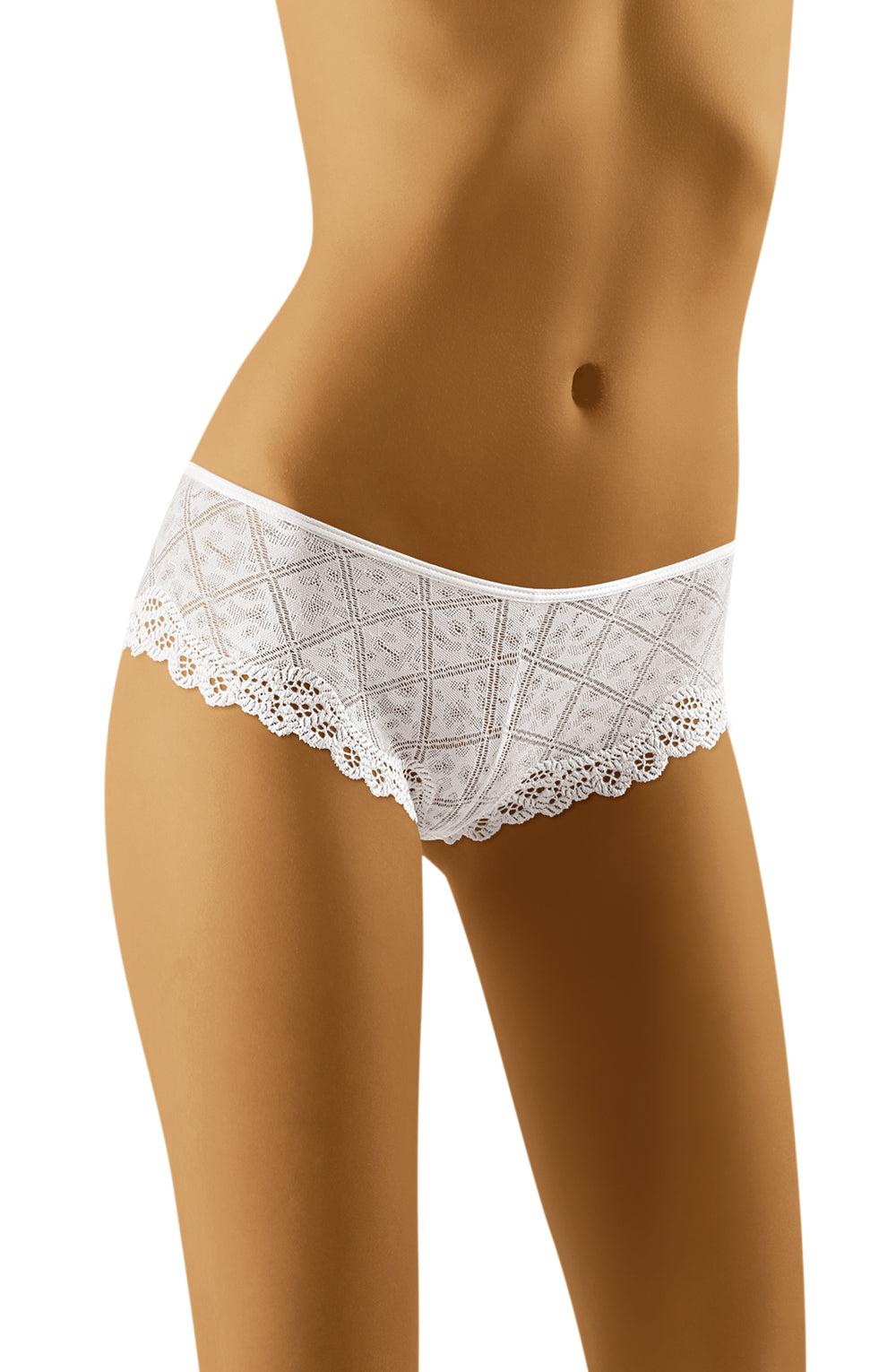 A torso is shown wearing Wolbar Ziva White Brief by Wolbar. The brief features a delicate diamond pattern design with intricate lace detailing on the front and scalloped edges along the leg openings. It offers full coverage while maintaining a feminine and delicate appearance.