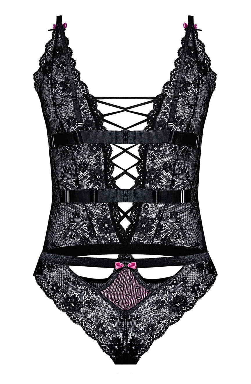 The Roza Fifii Black Body by Roza is a black lace lingerie set that showcases intricate floral patterns crafted from soft lace fabric. Its design includes adjustable crisscross straps on both the front and back, small satin ribbon details, and a high-waist bottom with a cutout in the front adorned with two pink bows. This elegant and sensual piece is perfect for any occasion.